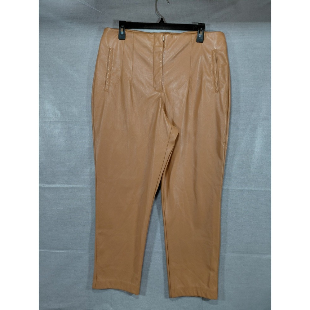Rachel Zoe Faux Leather Pants Sz 14 Tan High Rise Straight Leg Pleated Waist‎